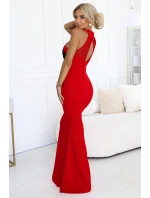 617-3 Dlhé šaty s čiernou čipkou a sieťovinou - ČERVENÉ