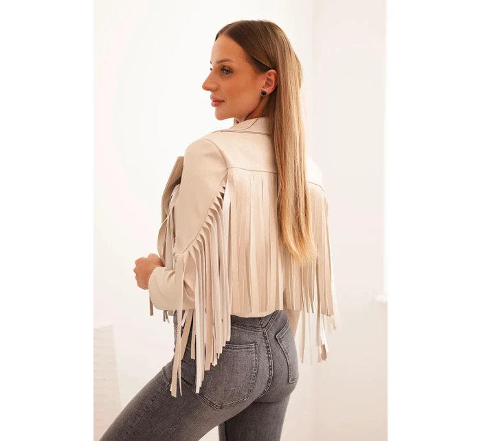 Dámská bunda z eko kůže s třásněmi v boho stylu béžová