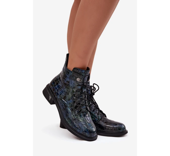 Lakierowane Botki Damskie Z Naturalnej Skóry D&A LZ52-962 Granatowe