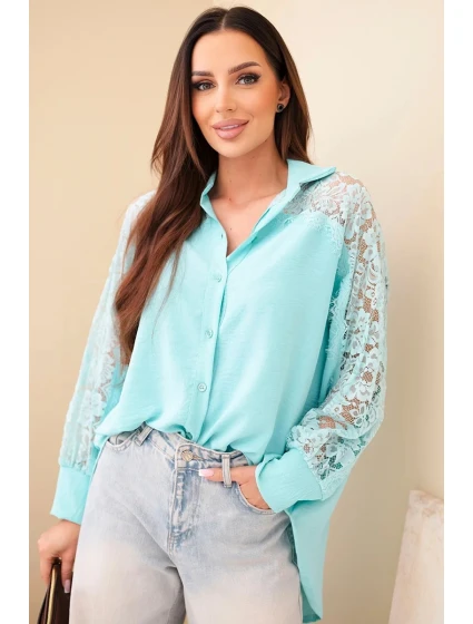 Dámske viskózové tričko s čipkovanými rukávmi a golierom mätovej farby