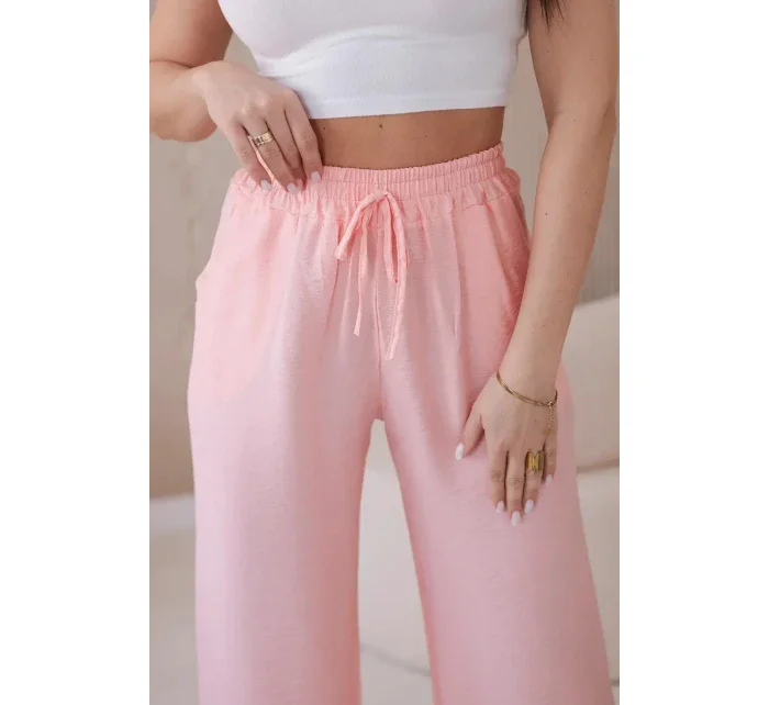 Viskózové nohavice so širokými nohavicami svetlo púdrovo ružovej farby