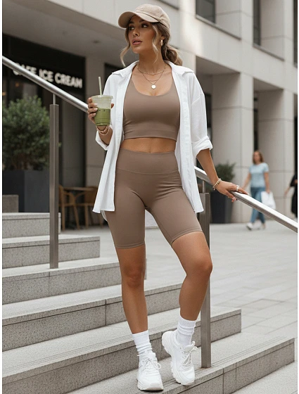 Dámske cyklistické šortky s vysokým pásom béžové FashionStreet SY0582 Dámske cyklistické šortky s vysokým pásom béžové FashionStreet SY0582