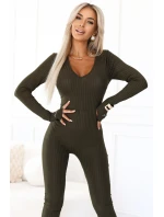 a elegantní dámský žebrovaný overal s výstřihem khaki barva model 21427385 - kocula