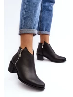 Skórzane Botki Damskie Z Niską Cholewką Na Słupku Z Suwakami Czarne Annaja Skórzane Botki Damskie Z Niską Cholewką Na Słupku Z Suwakami Czarne Annaja