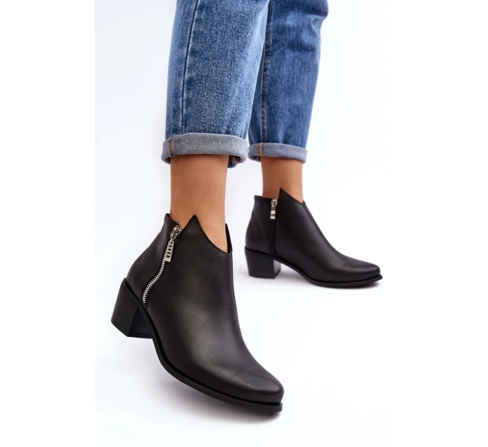 Skórzane Botki Damskie Z Niską Cholewką Na Słupku Z Suwakami Czarne Annaja Skórzane Botki Damskie Z Niską Cholewką Na Słupku Z Suwakami Czarne Annaja