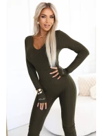 a elegantní dámský žebrovaný overal s výstřihem khaki barva model 21427385 - kocula
