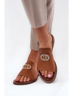 Eleganckie Skórzane Klapki Damskie Z Ozdobą Zazoo 3008 Camel