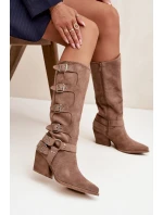 Dámske kovbojské čižmy na podpätku s prackami Fivelle - tmavo béžové Dámske kovbojské čižmy na podpätku s prackami Fivelle - tmavo béžové