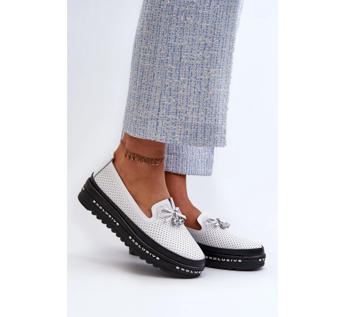 Mokasyny Damskie Skórzane Na Platformie S.Barski LR400 Białe