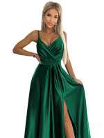 JULIET - Elegantné dlhé dámske saténové šaty vo fľaškovo zelenej farbe s výstrihom 512-1