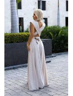 Elegantní béžové dlouhé dámské šaty s brokátem a s  vázání model 20110813 - numoco