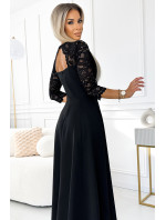 Elegantné čipkované dlhé šaty AMBER s výstrihom a rozparkom na nohách - čierne