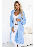 Dlouhý dámský pletený kardigan s kapsami a rukávy – modrý model 22323053 - numoco basic