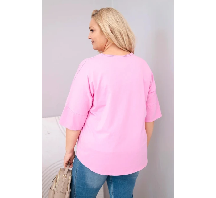 Plus veľkosť Dámske bavlnené nadrozmerné blúzka s V-výstrihom svetlo ružová