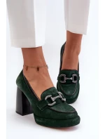 Skórzane Czółenka Na Masywnym Słupku Laura Messi 2706 Ciemnozielone