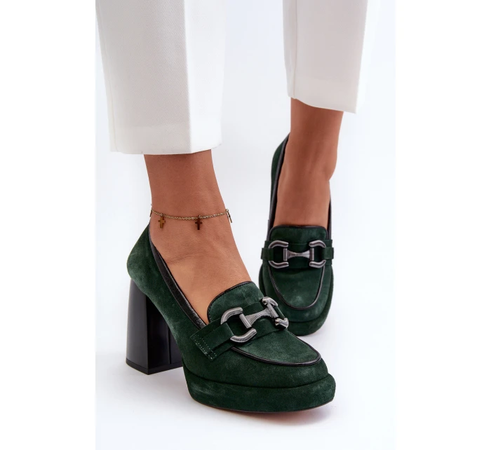 Skórzane Czółenka Na Masywnym Słupku Laura Messi 2706 Ciemnozielone