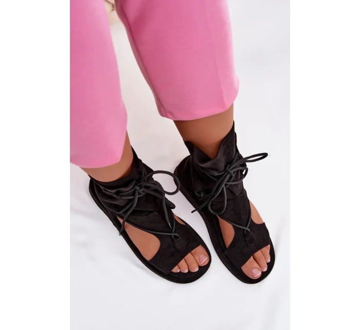 Dámské Sandály Eko Semišové S Vysokým Nártem a Zavazováním Černé Ferlisse