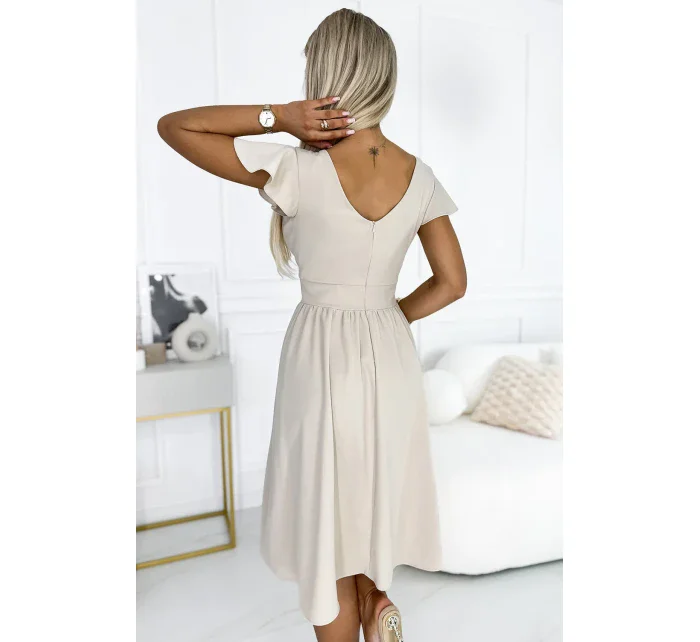 425-7 MATILDE Šaty s výstrihom a krátkymi rukávmi - béžové 425-7 MATILDE Šaty s výstrihom a krátkymi rukávmi - béžové