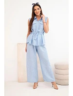 Dámska súprava s uzlovou blúzkou a širokými nohavicami modrej farby