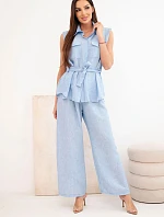 Dámska súprava s uzlovou blúzkou a širokými nohavicami modrej farby