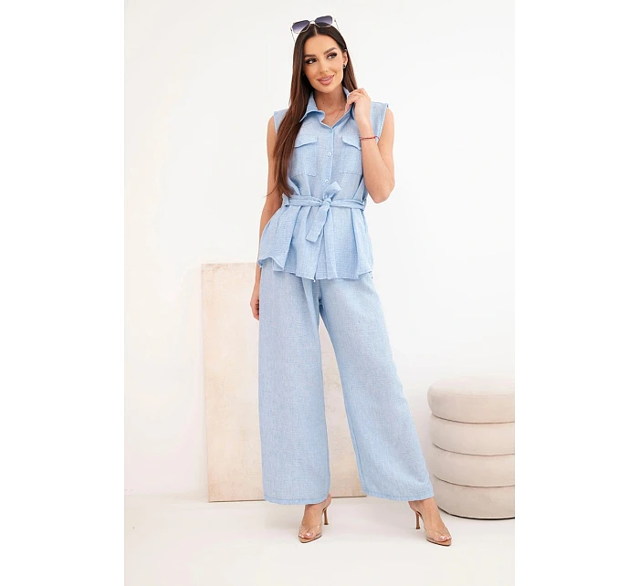 Dámska súprava s uzlovou blúzkou a širokými nohavicami modrej farby