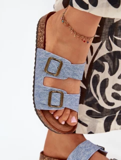 Dámske papuče na korkovej platforme s prackami - svetlá džínsovina