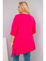 Dámska blúzka v nadmernej veľkosti s bavlnou a volánom a vyhrnutými rukávmi Fuchsia