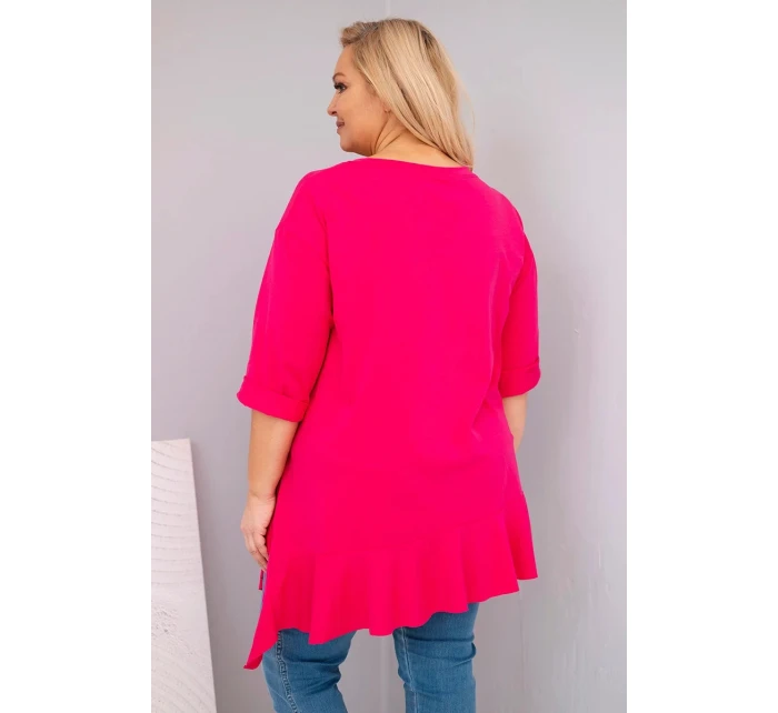 Dámska blúzka v nadmernej veľkosti s bavlnou a volánom a vyhrnutými rukávmi Fuchsia