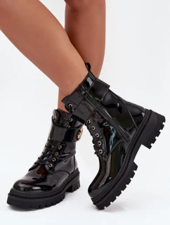 Lakierowane Botki Workery Damskie Ze Złotym Detalem Ocieplane Czarne Fiorena