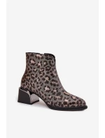 Skórzane Botki Damskie Na Klocku Ocieplane Panterka D&A CR52-622 Czarno-Złote