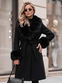 Dámský kabát s odnímatelným kožešinovým límcem, černý, FashionStreet TY6074