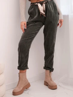 Dámske viskózové nohavice so šatkovým pásom khaki