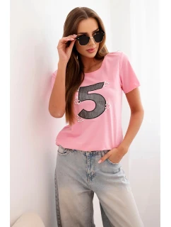 Dámska bavlnená blúzka s krátkym rukávom a perlovou aplikáciou svetlo ružová