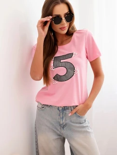 Dámska bavlnená blúzka s krátkym rukávom a perlovou aplikáciou svetlo ružová