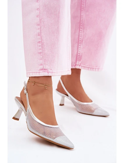 Calora Stříbrné Síťované Sandály Na Úzkém Podpatku