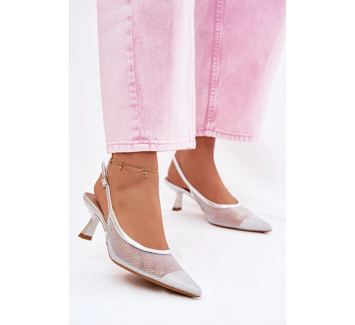 Calora Stříbrné Síťované Sandály Na Úzkém Podpatku