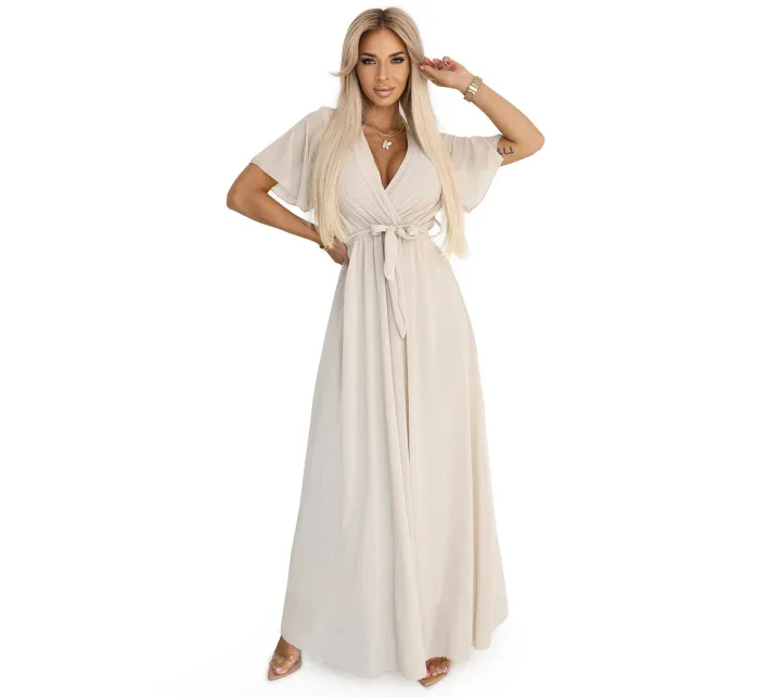 545-3 Dlhé šaty so skladaným výstrihom a spodnou časťou - BEACH 545-3 Dlhé šaty so skladaným výstrihom a spodnou časťou - BEACH