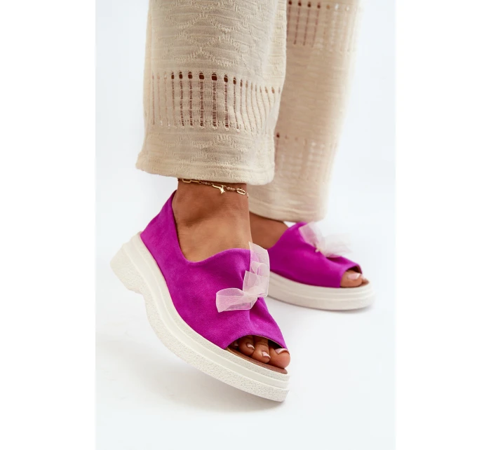 Zazoo 2939 Zamszowe Sandały Damskie Z Kokardką Fuksja