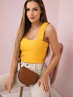 Blúzka bez ramienok s volánikmi v horčicovej farbe