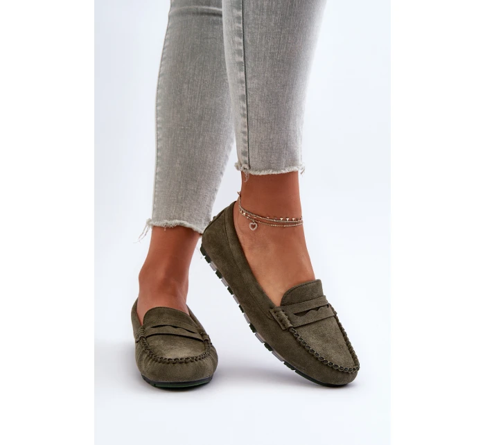 Klasyczne Mokasyny Damskie Zamszowe Ciemnozielone Glimris