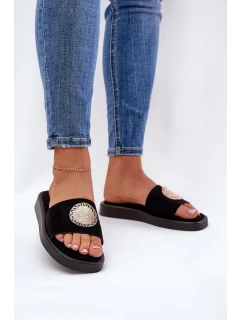 Klapki Damskie Ze Złotą Ozdobą Czarne Kaliora