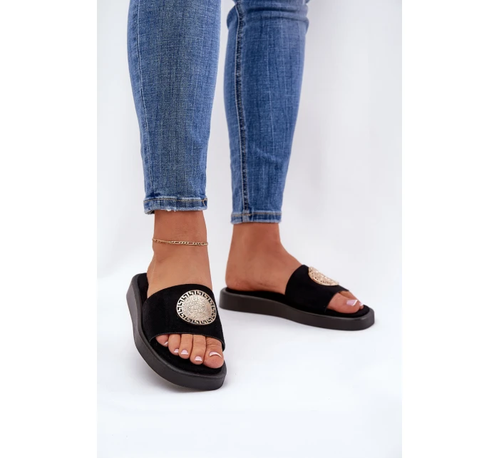 Klapki Damskie Ze Złotą Ozdobą Czarne Kaliora Klapki Damskie Ze Złotą Ozdobą Czarne Kaliora