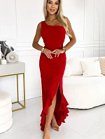 317-4 Dlhé šaty na jedno rameno s pruhmi - ČERVENÉ