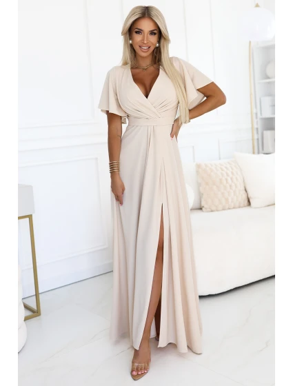 581-6 JENNIFER dlhé šaty s rozparkom na nohách, rukávmi a výstrihom - BEACH