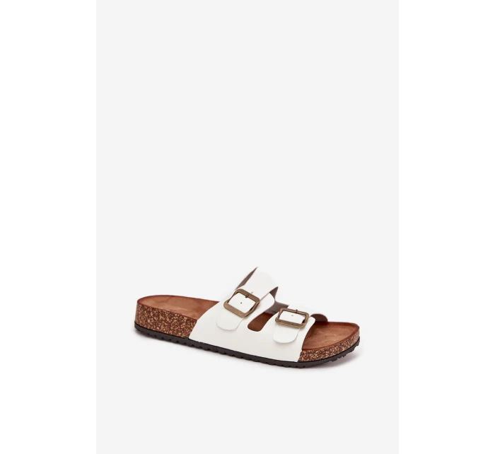 Damskie Klapki Na Korkowej Platformie Z Klamrami Białe Vesina