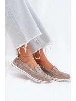 Zamszowe Ażurowe Półbuty Mokasyny Damskie Złote Redileine