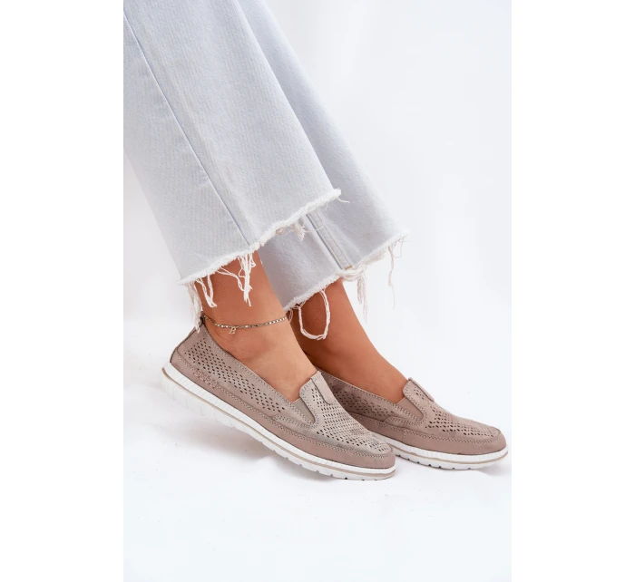 Zamszowe Ażurowe Półbuty Mokasyny Damskie Złote Redileine