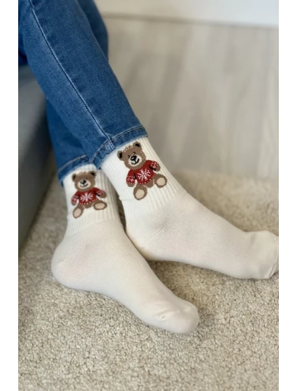 Skarpetki Dziecięce Młodzieżowe Miś W Sweterku Ecru