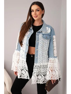 Dámská džínová bunda z bavlny a krajkovým vzorem světle džínová