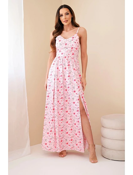 Dámske maxi kvetinové šaty bez ramienok so zaväzovaním na chrbte candy pink Dámske maxi kvetinové šaty bez ramienok so zaväzovaním na chrbte candy pink
